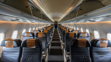 A view of a plane with empty seats. Commercial aviation concept image