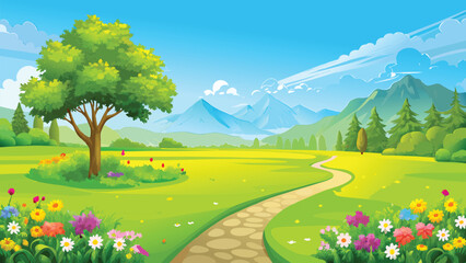 Fototapeta premium A path from the lawn to the meadows with beautiful flowers, bushes on the side, a magnificent tree, and with mountains in the background vector illustration