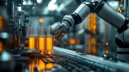 Automated Robotic Arm in Modern Beverage Production Facility