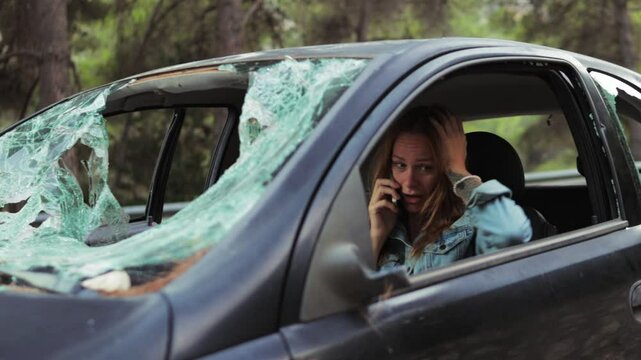 Worried woman mak phone call inside car with shattered windshield. Anxiety fills air as seeks assistance after  distressing car accident