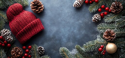 Red knitted hat and pine branches with red berries and cones on a blue background.