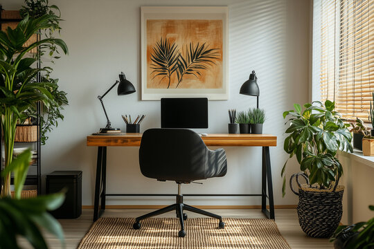 Stylish home office setup with a natural wood desk, lush indoor plants, and modern decor, Remote work inspiration, minimalist interior designs, workspace furniture advertisements concepts