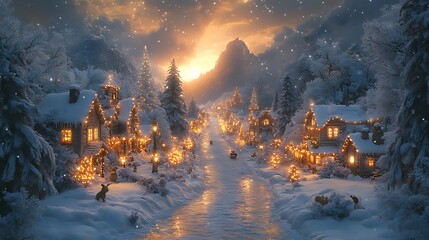 A quaint, snowy village nestled in a valley, illuminated by warm string lights as the sun sets over the mountains.