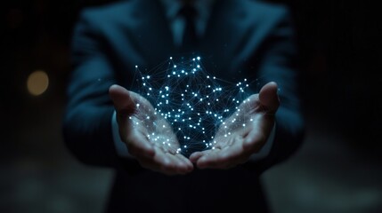 Businessman revealing digital network under suit in dark background, Generative AI