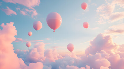 Obraz premium Floating pastel colored balloons drift peacefully in cloudy sky