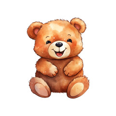 Obraz premium smiling teddy bear with large brown eyes. This bear is ideal for use in children's books, toys, greeting cards, and nursery decor. A cute and cuddly character. Generative AI