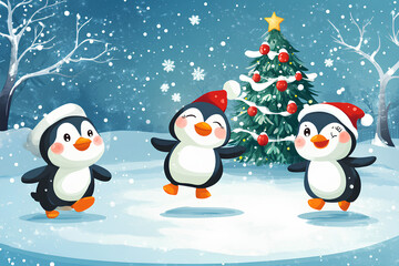Cute baby animals sliding on frozen river illustration. have fun in winter. Little penguins having fun on the ice rink. Winter holiday background with festive Christmas tree