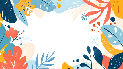 Colorful Floral Frame with Abstract Leaves and Swirls on White Background