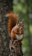 Red squirrel sitting on a tree.