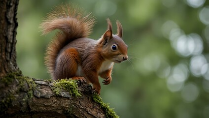 Red squirrel perched on a tree.