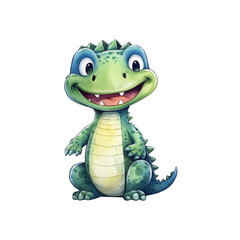 Fototapeta premium A green dinosaur with a big smile, sharp teeth, and claws is suitable for children's products or dinosaur themed designs. Cute and playful. Generative AI