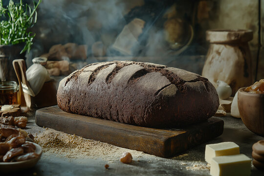 Rustic Latvian Rupjmaize Loaf on Wooden Board with Rustic Background