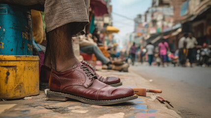 Obraz premium Brown leather shoe wearing man on road