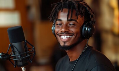 Smiling young man with headphones and microphone indoors, Generative AI