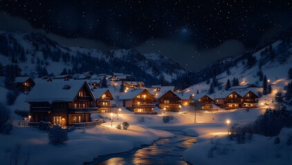 Fototapeta premium Snow-covered village illuminated by warm lights under a starry sky