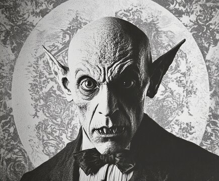 A chilling, monochromatic portrait of a vampire-inspired character with elongated ears, sunken eyes, and a sinister expression. This gothic figure exudes an eerie, timeless horror aesthetic.
