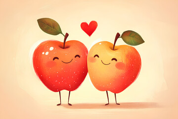 Cute cartoon apple love couple characters, illustration