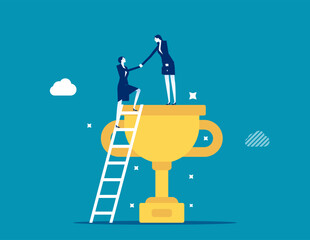 Partnership help success, support or mentor to assist to achieve goal and win together, teamwork, trust or leadership concept, businessman help colleagues to climb up ladder step on winning trophy.