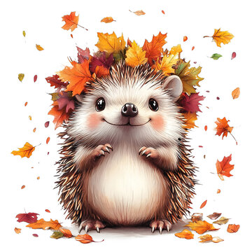 Igel mit Herbstlaub auf dem Kopf