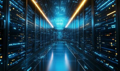 Shot of Corridor in Working Data Center Full of Rack Servers and Supercomputers with High Internet Visualisation Projection