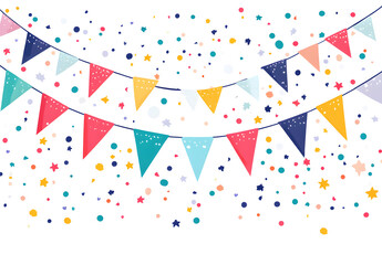 Fototapeta premium Colorful party supplies, such as paper garlands and confetti designs, on a white background design. Flat vector illustration design