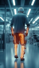 Elderly man with robotic leg supports, illuminated in a modern lab environment.