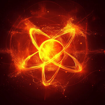 The abstract image represents energy and particles, with a glowing sphere in the center, connected by thin lines resembling explosions or molecular structures.