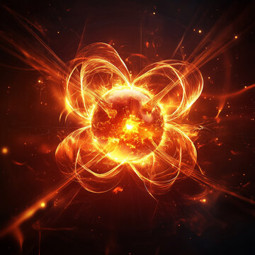 The abstract image represents energy and particles, with a glowing sphere in the center, connected by thin lines resembling explosions or molecular structures.