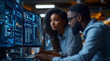 Diverse Young Colleagues Working on Computers in a Research Laboratory. Female Asking Advice from a Male Software Developer Colleague About a Solution