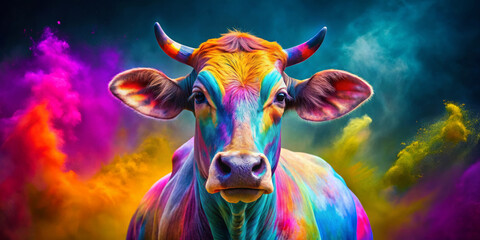 vibrant cow covered in colorful powder stands out against dramatic background of swirling hues. striking colors create lively and joyful atmosphere