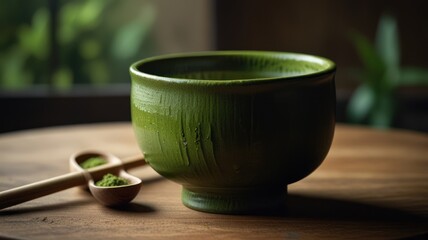 Japanese matcha drink in a bowl that made from real matcha or matcha powder
