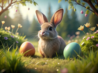 rabbit sits in grass surrounded by colorful eggs and flowers, creating cheerful and vibrant scene. soft sunlight enhances playful atmosphere of this delightful setting