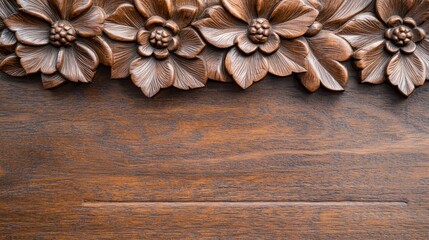 Intricate wooden floral carvings on a dark background, showcasing craftsmanship.