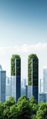 Fototapeta premium Modern skyscrapers covered in greenery against a clear blue sky.