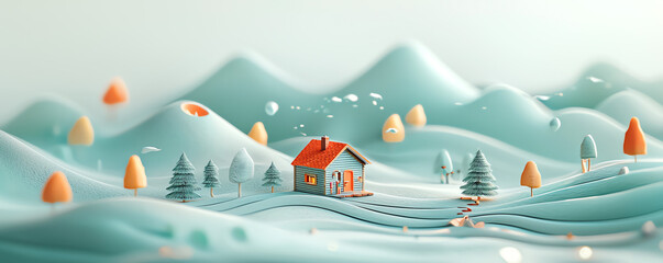 Miniature mountain cabin, surrounded by tiny pine trees, 3D illustration