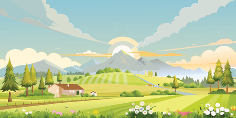 Obraz premium Spring landscape in village with green field and sunset,Vector cartoon Summer rural farmland with mountain vector
