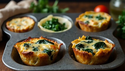 Savory muffin tin omelettes with greens and melted cheese.