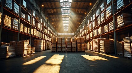 Wide-angle shot of a massive warehouse with pallets of goods stacked high on shelves, industrial lights casting long shadows,