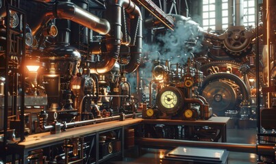 Intricate steampunk machinery in a retro-futuristic workshop, 4K hyperrealistic photo.