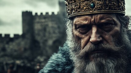 An old king with a crown on an ancient castle background