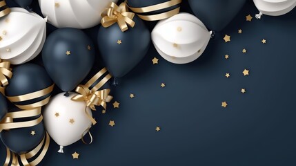 Navy blue and white balloon birthday background with gold stars and colorful party streamers