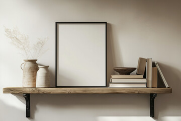 A minimalist shelf display with empty frame and rustic vases,  ideal for illustrating simplicity and elegance in home decor and mockup design concepts