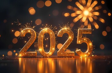 New Year card for the year 2025 with beautiful background. A happy new year is in the center of attention. The surroundings are emphasized. Fireworks and bright colors. 