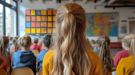 a back view of a person with long hair in a classroom

