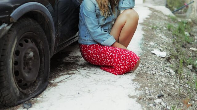 Young woman in red dress and denim jacket sit on ground beside car with flat tire, expressing feelings of sadness and despair