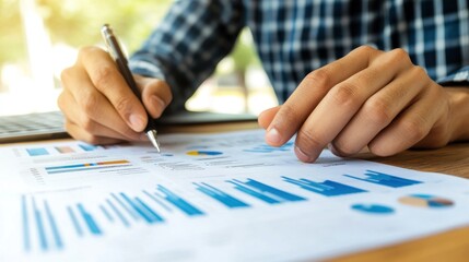 Analyzing Financial Data: A Close-Up View of a Businessperson Studying Charts and Graphs