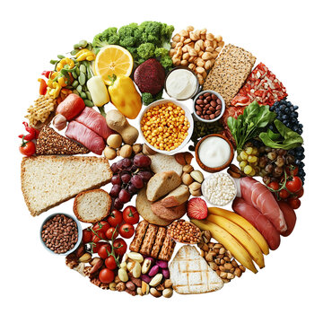 Naklejki Variety of healthy foods arranged in a circular pattern.