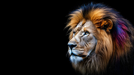 Majestic lion portrait with colorful mane and intense gaze