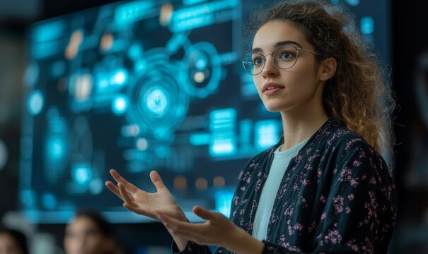 Portrait of a Young Male Teacher Giving a Data Science Lecture to Diverse Multiethnic Group of Female and Male Students in Dark College Room. Projecting Slideshow with a Neural Network