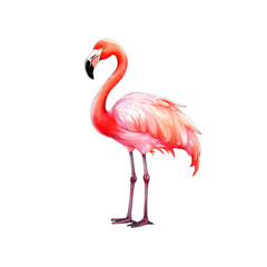 Pink flamingo standing tall with elegant neck curvature, suitable for tropical themed designs, nature concepts, or birdwatching enthusiasts. Generative AI